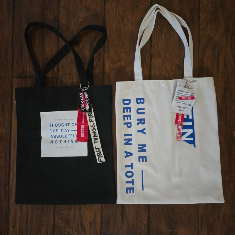 MINISO Canvas Tote Bags – Set of 2 (Black & Cream)